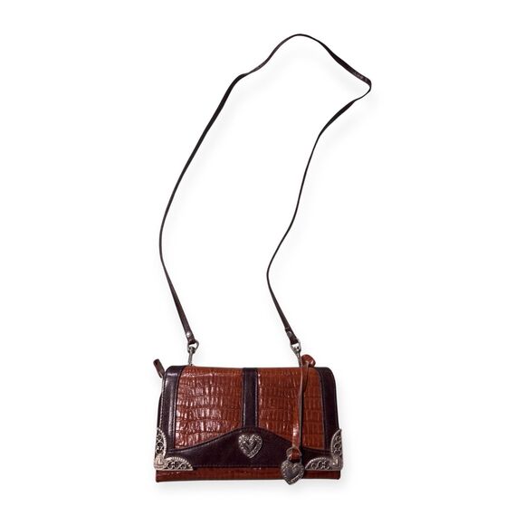 Brighton Wallet Crossbody Brown Purse Clutch Faux Leather Croc Boho Chic Vintage - Picture 1 of 6
